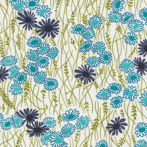 Pattern of blue and purple flowers on a white background
