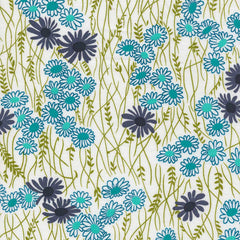 Pattern of blue and purple flowers on a white background