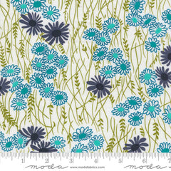 Pattern of blue and purple flowers on a white background with ruler