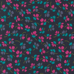 Pattern of pink, purple, and teal flowers on a dark blue background