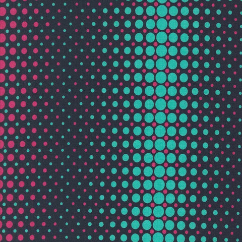 Pattern of alternating pink and teal circles on a dark blue background