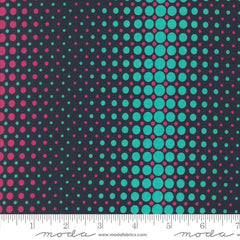 Pattern of alternating pink and teal circles on a dark blue background with ruler