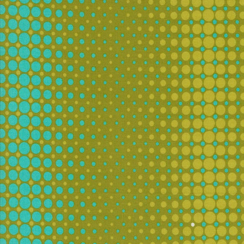 Pattern of blue and green circles on a green background