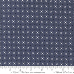 patterned fabric with a geometric design on an indigo blue background with ruler