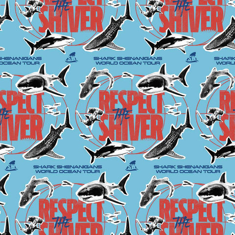 Pattern of sharks and text 'Respect the Shiver' on a blue background