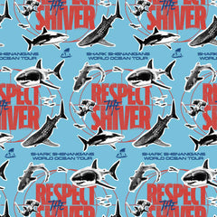 Pattern of sharks and text 'Respect the Shiver' on a blue background