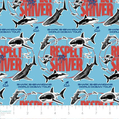 Pattern of sharks and text 'Respect the Shiver' on a blue background with ruler