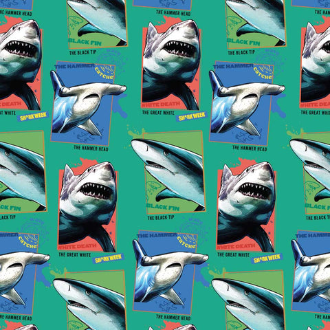 Pattern of shark badges on a green background