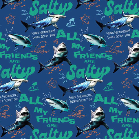 Pattern of sharks and text on a navy background