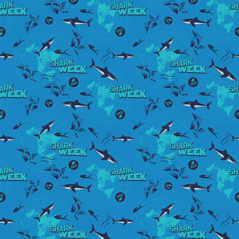 Pattern of sharks with 'Shark Week' text and logos on a blue background