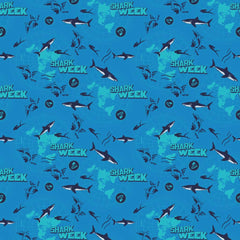 Pattern of sharks with 'Shark Week' text and logos on a blue background