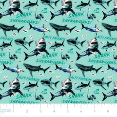 Pattern of sharks and text on a light turquoise background with text