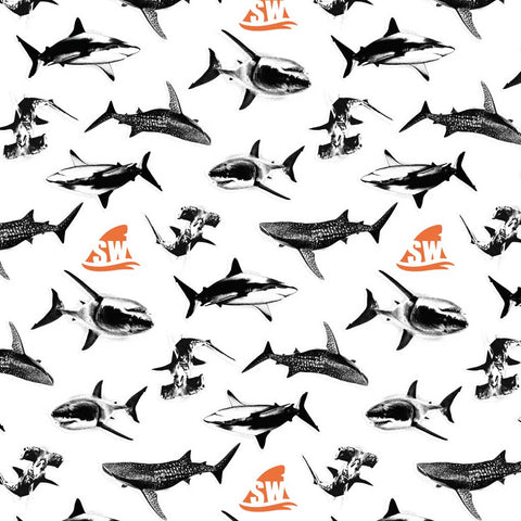 Pattern of sharks with orange 'Shark Week' logos on a white background