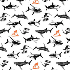 Pattern of sharks with orange 'Shark Week' logos on a white background