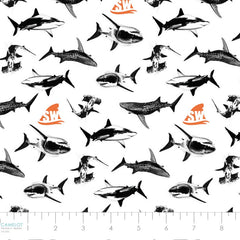 Pattern of sharks with orange 'Shark Week' logos on a white background with ruler
