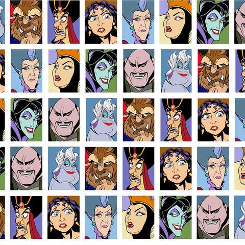 Grid containing Disney characters Beast, Jafar, Mother Gothel, Lady Tremaine, The Evil Queen, Maleficent, Shan Yu and Ursula on a white background