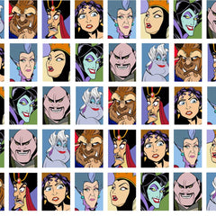 Grid containing Disney characters Beast, Jafar, Mother Gothel, Lady Tremaine, The Evil Queen, Maleficent, Shan Yu and Ursula on a white background