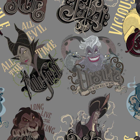 Chalkboard drawings of Scar, Hades, Cruella deVil, Jafar, Ursula and Maleficent plus character quote text on a gray background