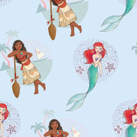 Images of Ariel and Moana on a light blue background 