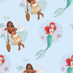Images of Ariel and Moana on a light blue background 