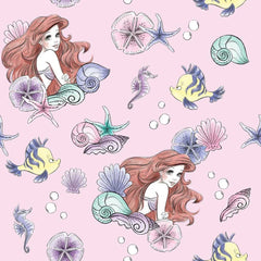 Pattern of Little Mermaid characters Ariel and Flounder with seahorses, seashells, and bubbles on a pink background