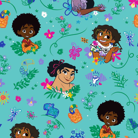 Pattern of Encanto characters on a blue background