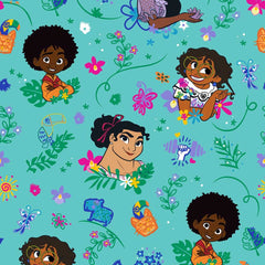 Pattern of Encanto characters on a blue background
