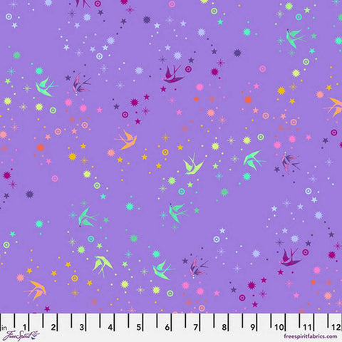 Colorful pattern of birds and stars on a purple background with ruler