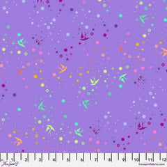 Colorful pattern of birds and stars on a purple background with ruler