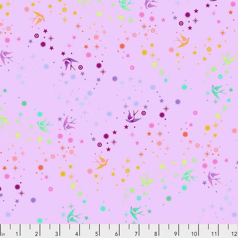 Colorful pattern of birds and stars on a light purple background with ruler