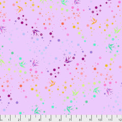 Colorful pattern of birds and stars on a light purple background with ruler
