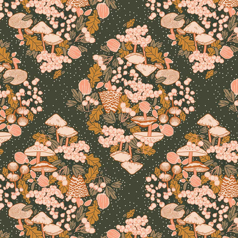 Pattern of mushrooms, berries, and leaves on a dark green cross hatch background
