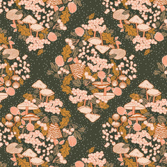 Pattern of mushrooms, berries, and leaves on a dark green cross hatch background
