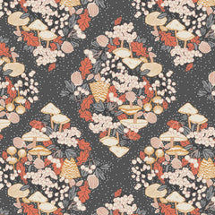 Pattern of mushrooms, berries, and leaves on a dark blue cross hatch background