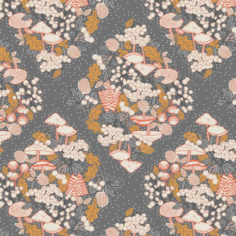 Pattern of mushrooms, berries, and leaves on a gray cross hatch background