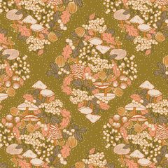 Pattern of mushrooms, berries, and leaves on an olive cross hatch background