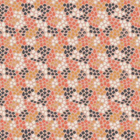 Pattern of clustered colorful flowers and petals on a pink background