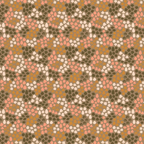 Pattern of clustered colorful flowers and petals on a brown background