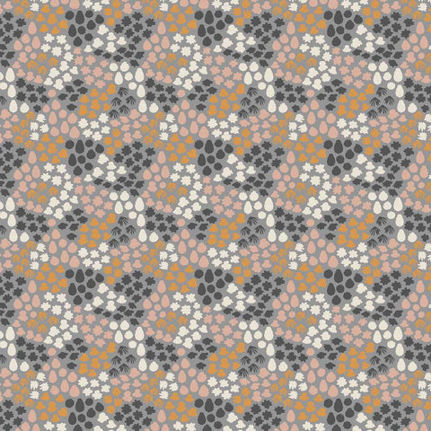 Pattern of clustered colorful flowers and petals on a gray background