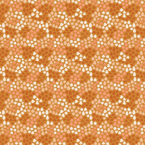 Pattern of clustered colorful flowers and petals on an orange background