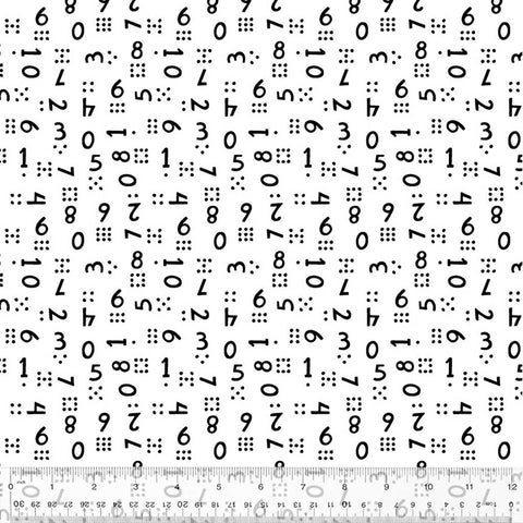 Pattern of scattered black numbers and counting dots on a white background with ruler