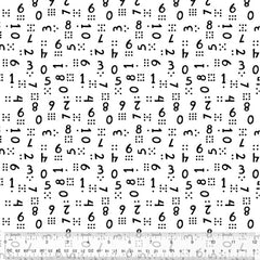 Pattern of scattered black numbers and counting dots on a white background with ruler