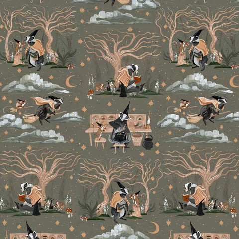 Pattern of animals as witches on a gray background