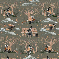Pattern of animals as witches on a gray background