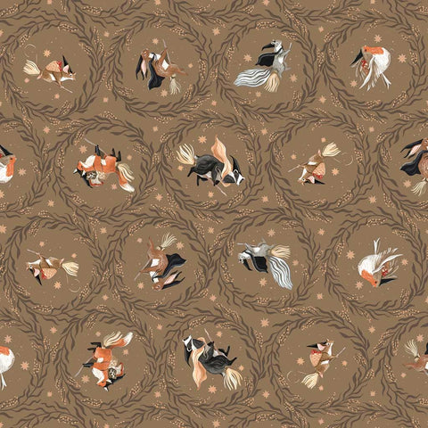Pattern of stylized animals flying on brooms on a brown background