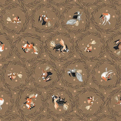 Pattern of stylized animals flying on brooms on a brown background