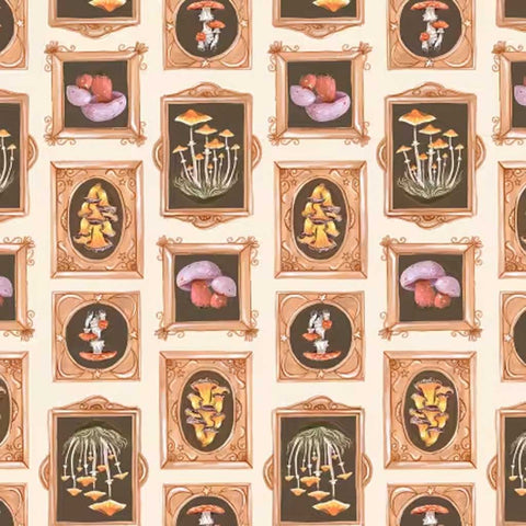 Pattern of framed pictures of mushrooms on an off-white background