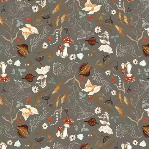 Pattern of autumn leaves, flowers, and mushrooms on a gray background