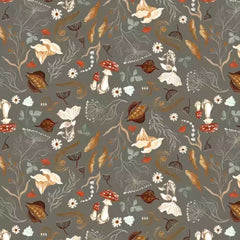 Pattern of autumn leaves, flowers, and mushrooms on a gray background