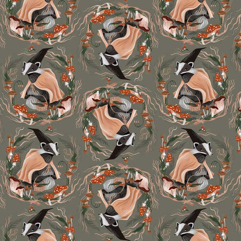 Pattern of badgers dressed up with mushrooms on a green background